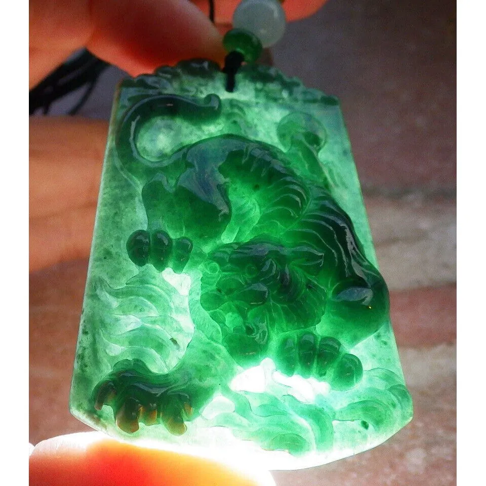 Certified Green Burma 100% Natural A Jade Jadeite Pendant Tiger Necklace