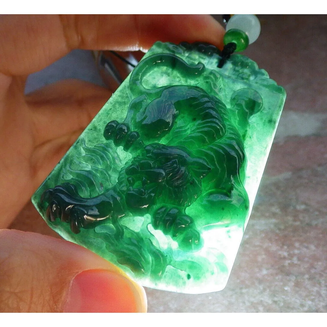 Certified Green Burma 100% Natural A Jade Jadeite Pendant Tiger Necklace
