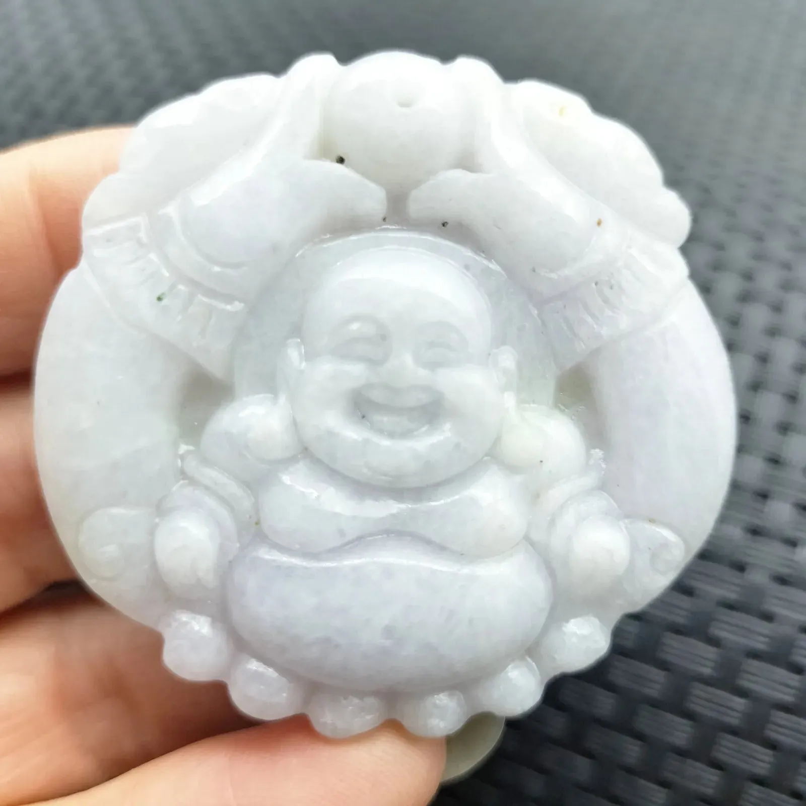 Certified Lavender Natural Type A Jade Jadeite Carved Happy Buddha God Pendant Necklace