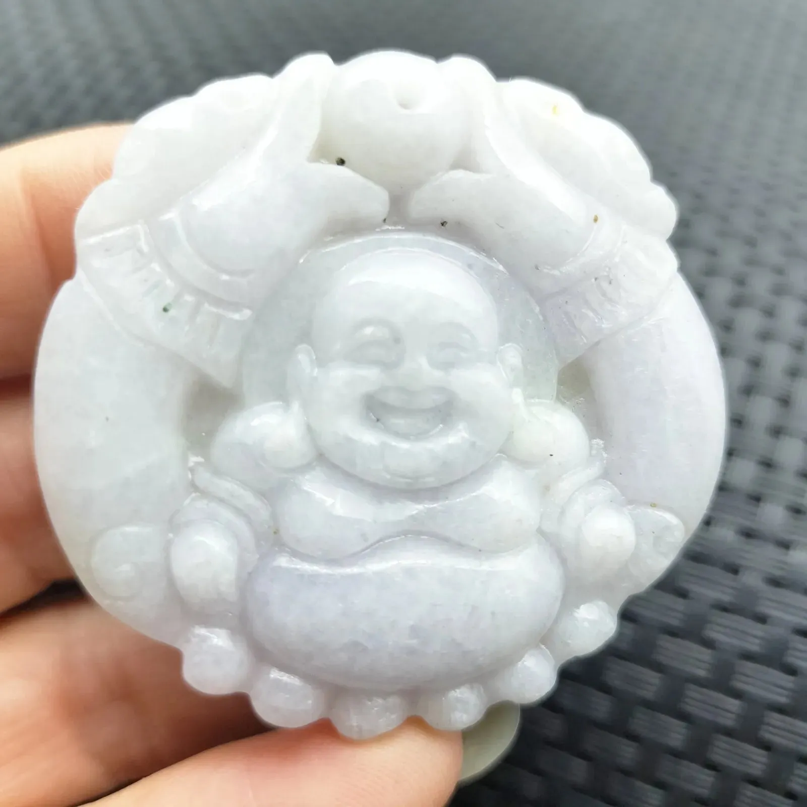 Certified Lavender Natural Type A Jade Jadeite Carved Happy Buddha God Pendant Necklace