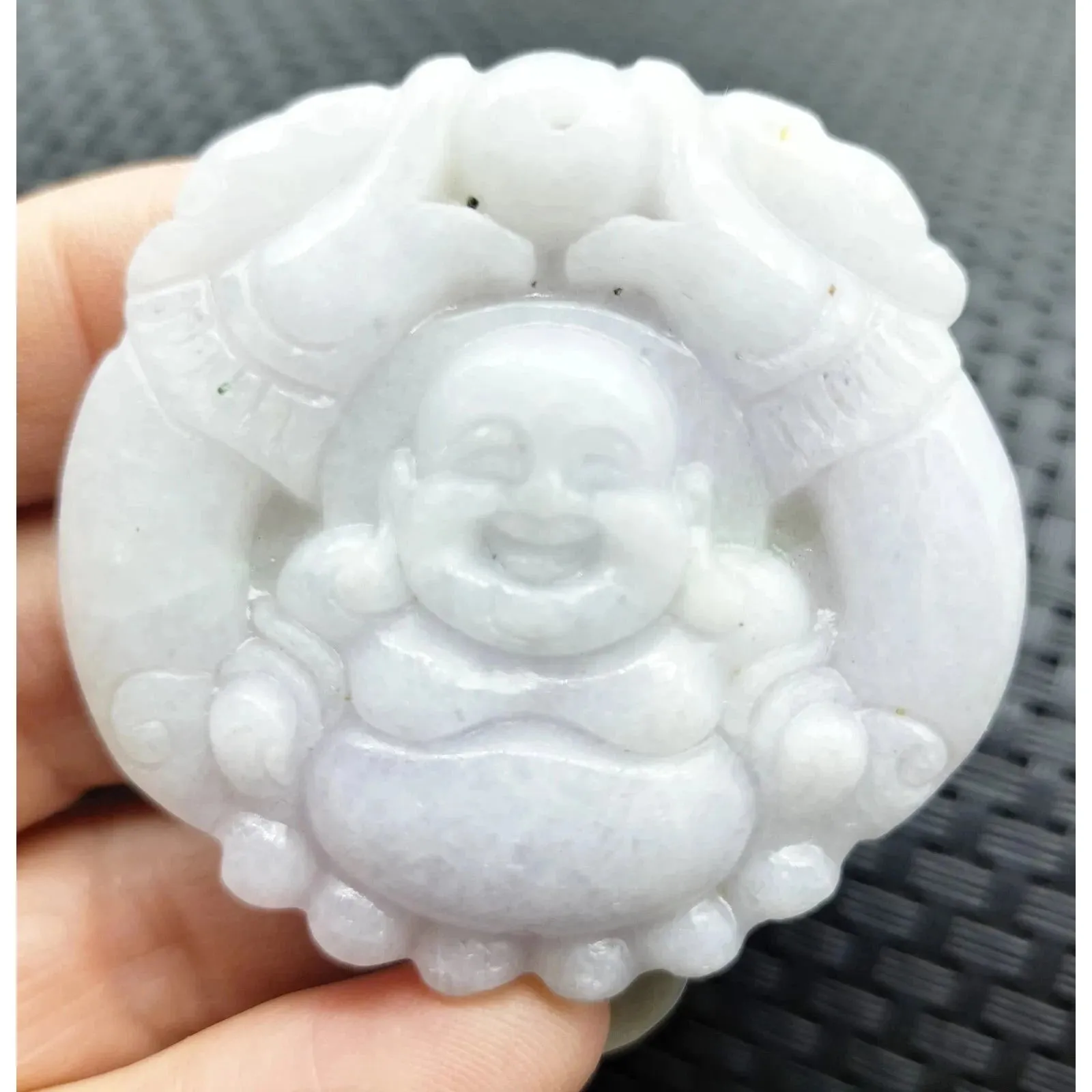 Certified Lavender Natural Type A Jade Jadeite Carved Happy Buddha God Pendant Necklace
