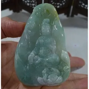 Certified Natural Type A Icy Jadeite Jade Lotus Kwan-Yin Big Pendant Necklace