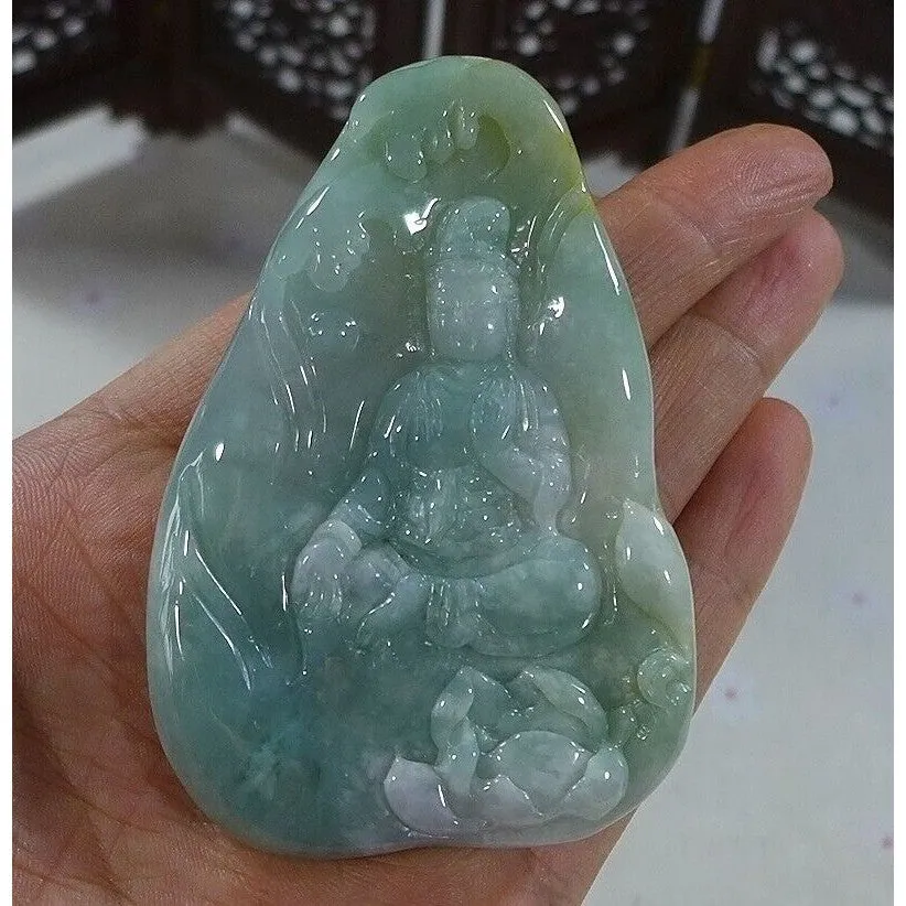 Certified Natural Type A Icy Jadeite Jade Lotus Kwan-Yin Big Pendant Necklace