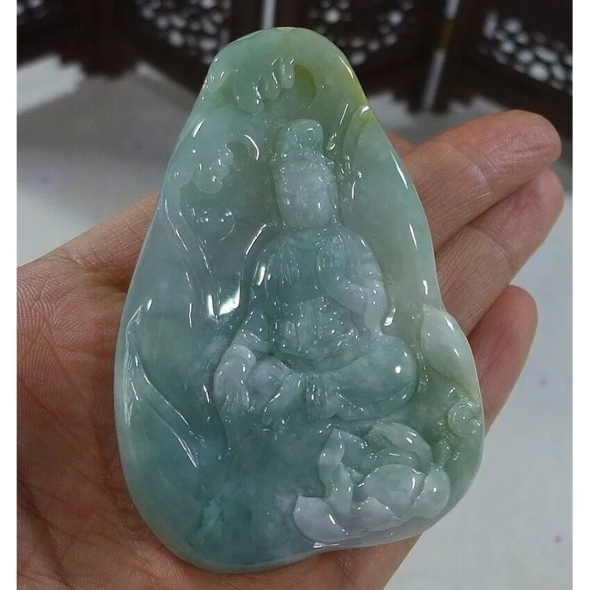 Certified Natural Type A Icy Jadeite Jade Lotus Kwan-Yin Big Pendant Necklace