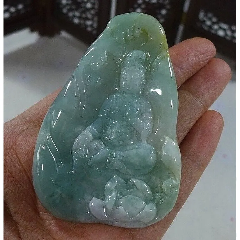 Certified Natural Type A Icy Jadeite Jade Lotus Kwan-Yin Big Pendant Necklace