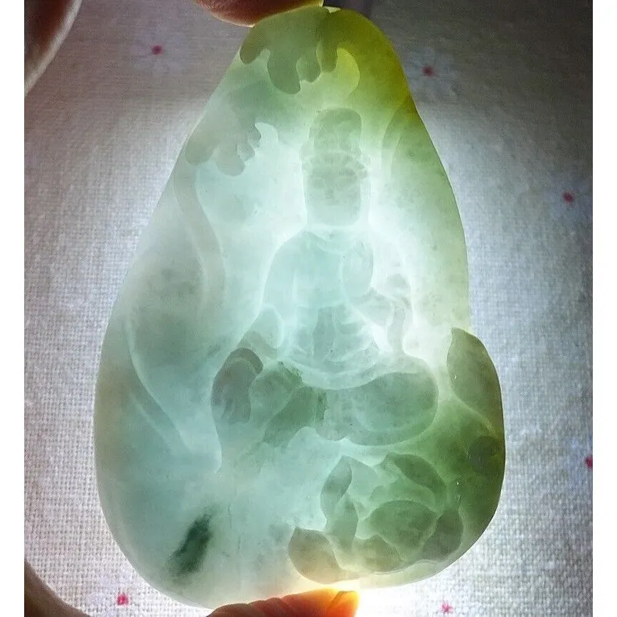 Certified Natural Type A Icy Jadeite Jade Lotus Kwan-Yin Big Pendant Necklace