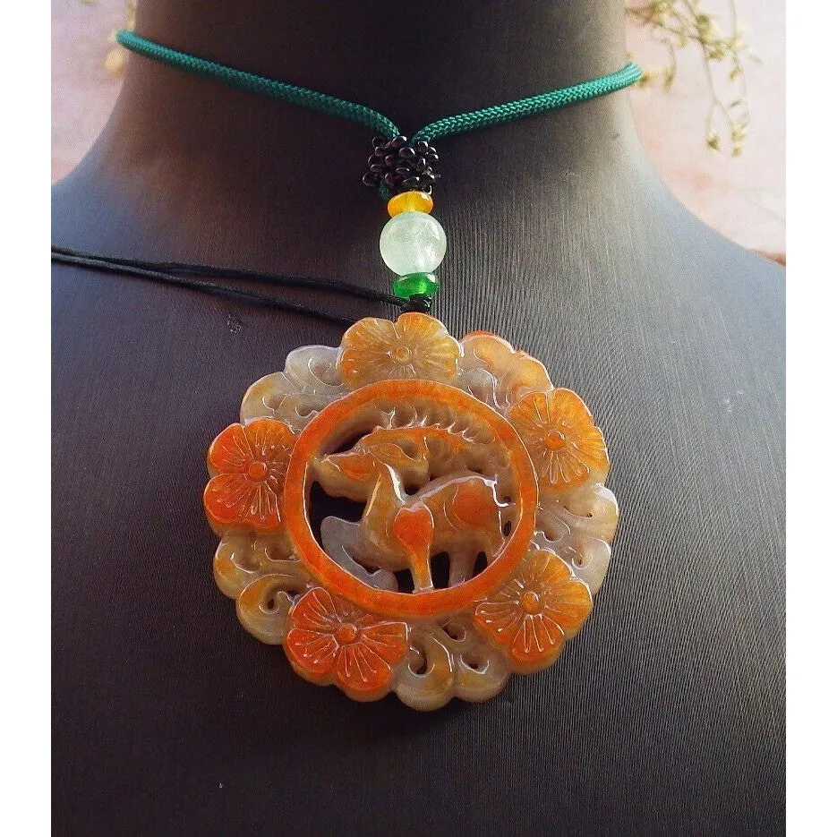 Certified Red Burma Natural A Jade Jadeite Pendant Deer Ruyi Flower Necklace