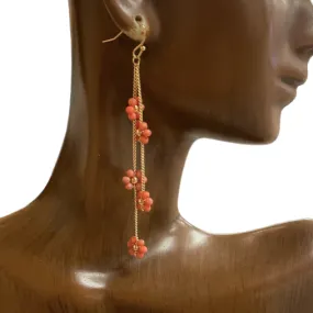 Coral Beaded Flowers Long Earrings