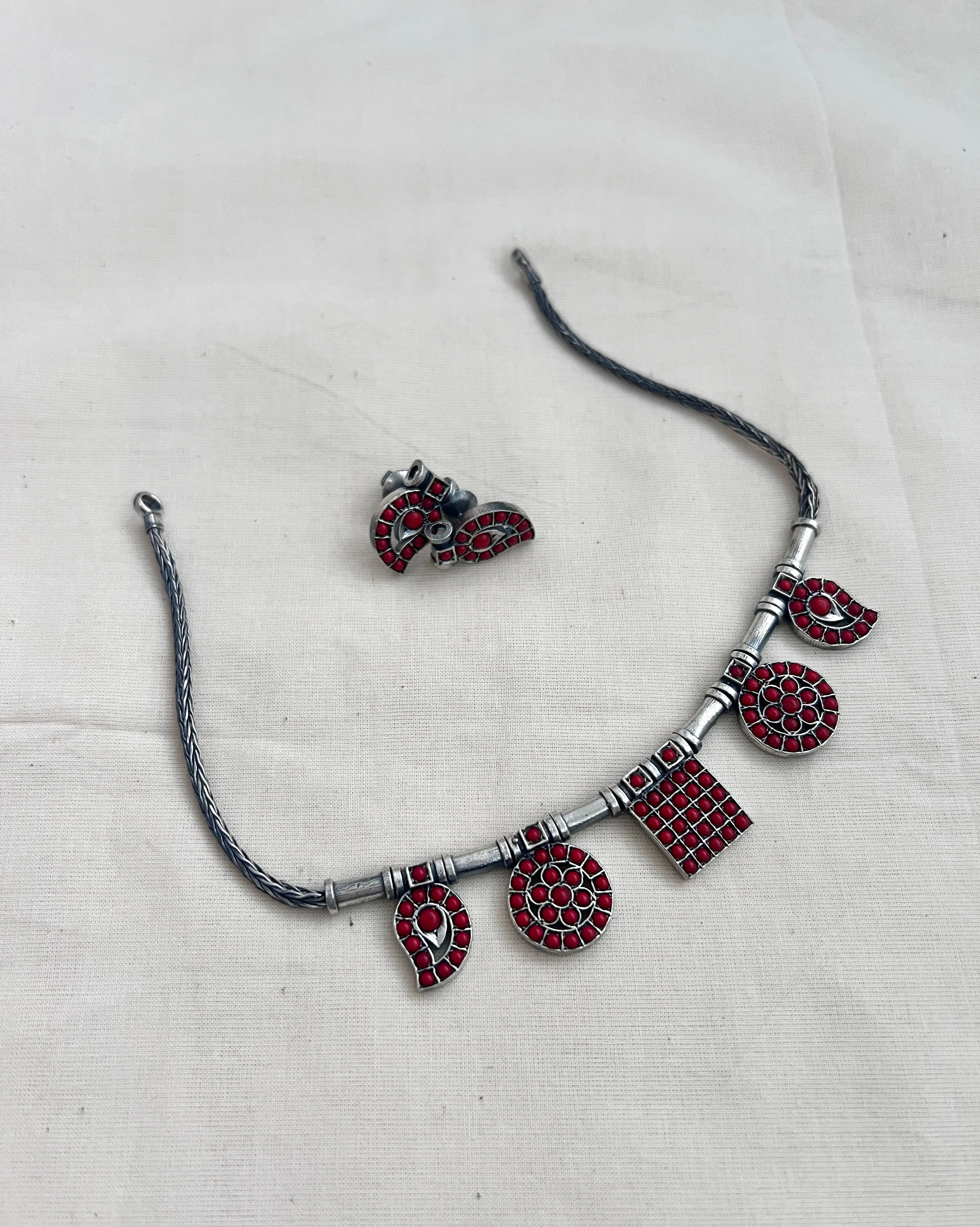 Coral silver necklace set with earrings, SET