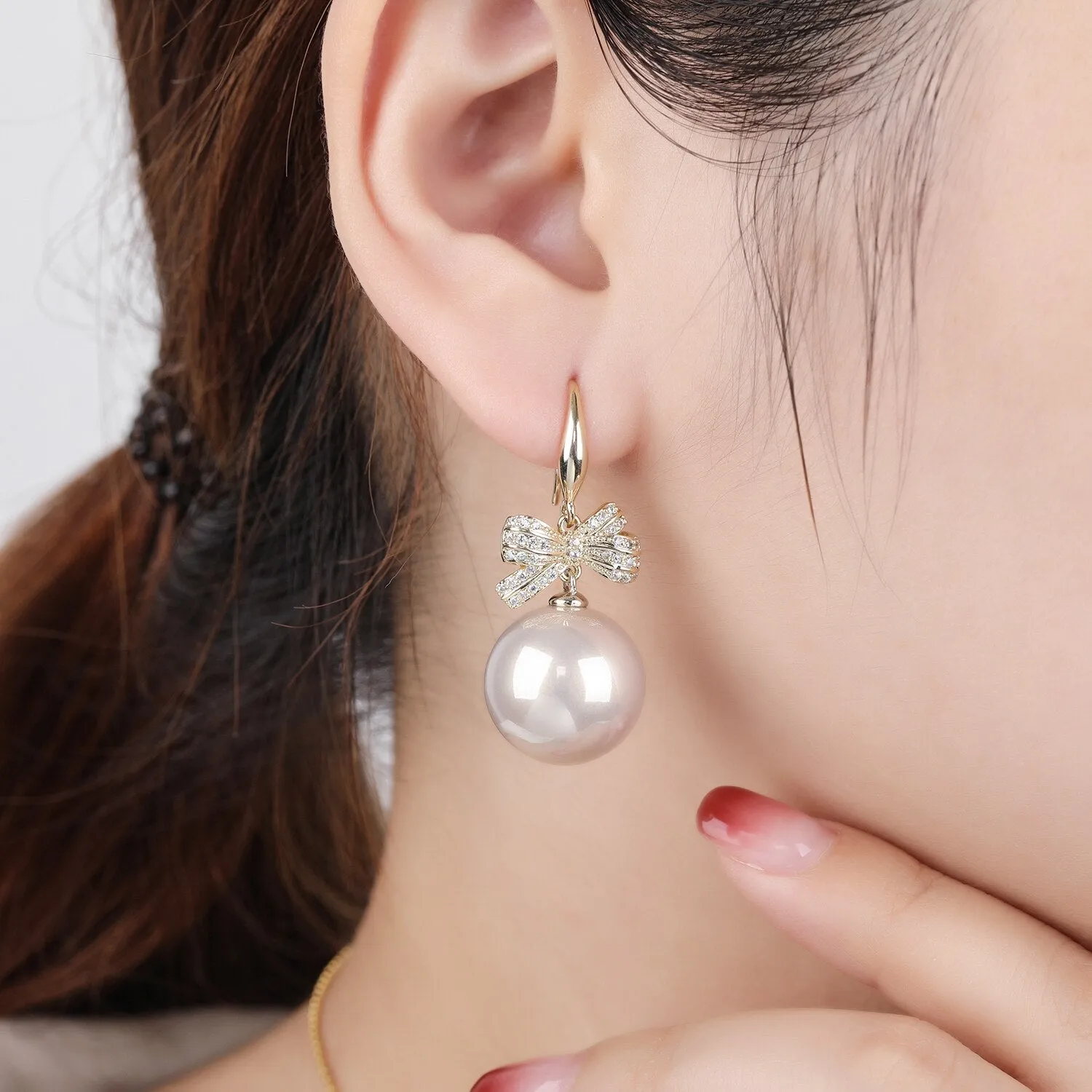 Cubic Zircon CZ Bow Earrings for Wedding, Pearl Drop Earring for Bride, Women Girl Birthday Party Jewelry CE11420