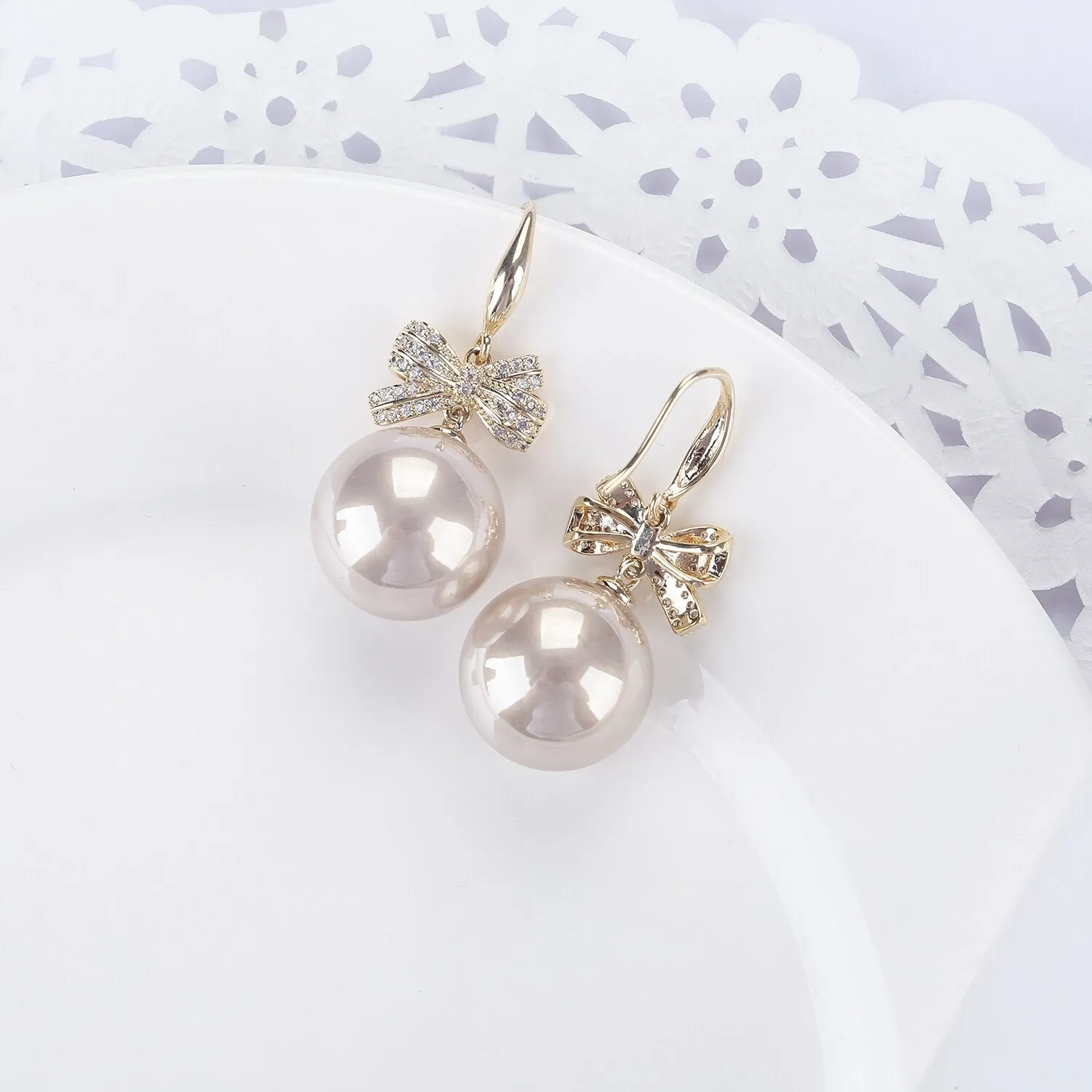 Cubic Zircon CZ Bow Earrings for Wedding, Pearl Drop Earring for Bride, Women Girl Birthday Party Jewelry CE11420