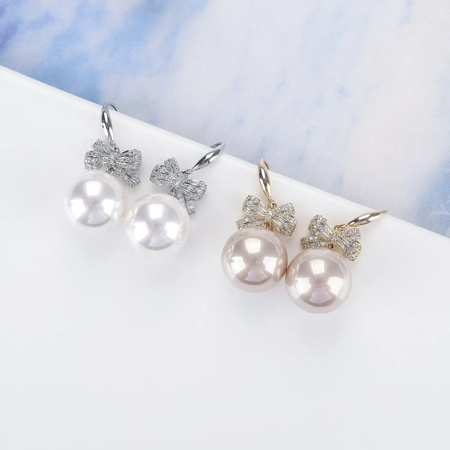 Cubic Zircon CZ Bow Earrings for Wedding, Pearl Drop Earring for Bride, Women Girl Birthday Party Jewelry CE11420