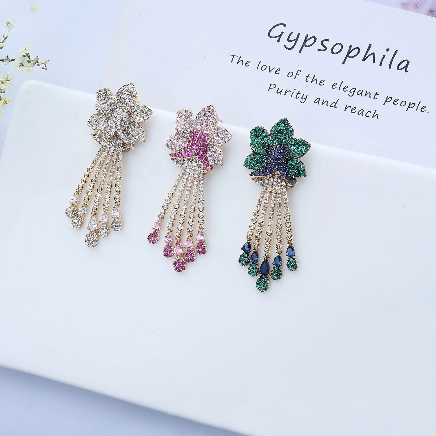 Cubic Zircon CZ Flowers Earrings for Wedding, Crystals Leaf Earring for Bride, Women Girl Birthday Party Jewelry CE11031