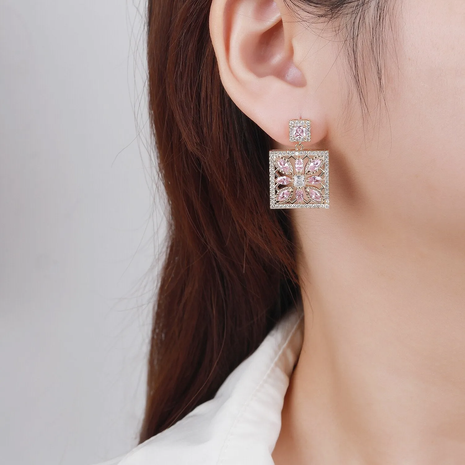Cubic Zircon CZ Square Earrings for Wedding, Crystals Flower Earring for Bride, Women Girl Birthday Party Jewelry CE11475