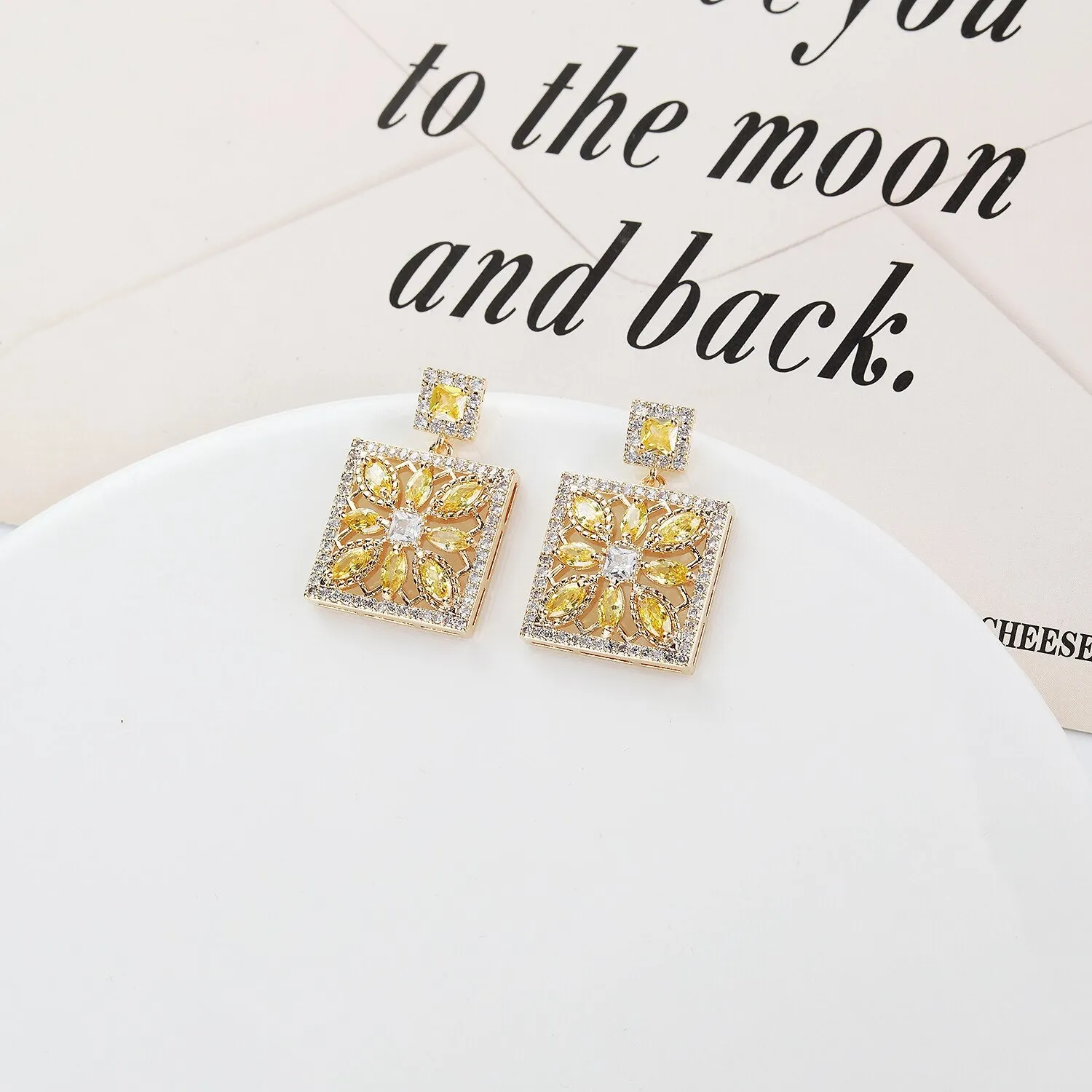 Cubic Zircon CZ Square Earrings for Wedding, Crystals Flower Earring for Bride, Women Girl Birthday Party Jewelry CE11475