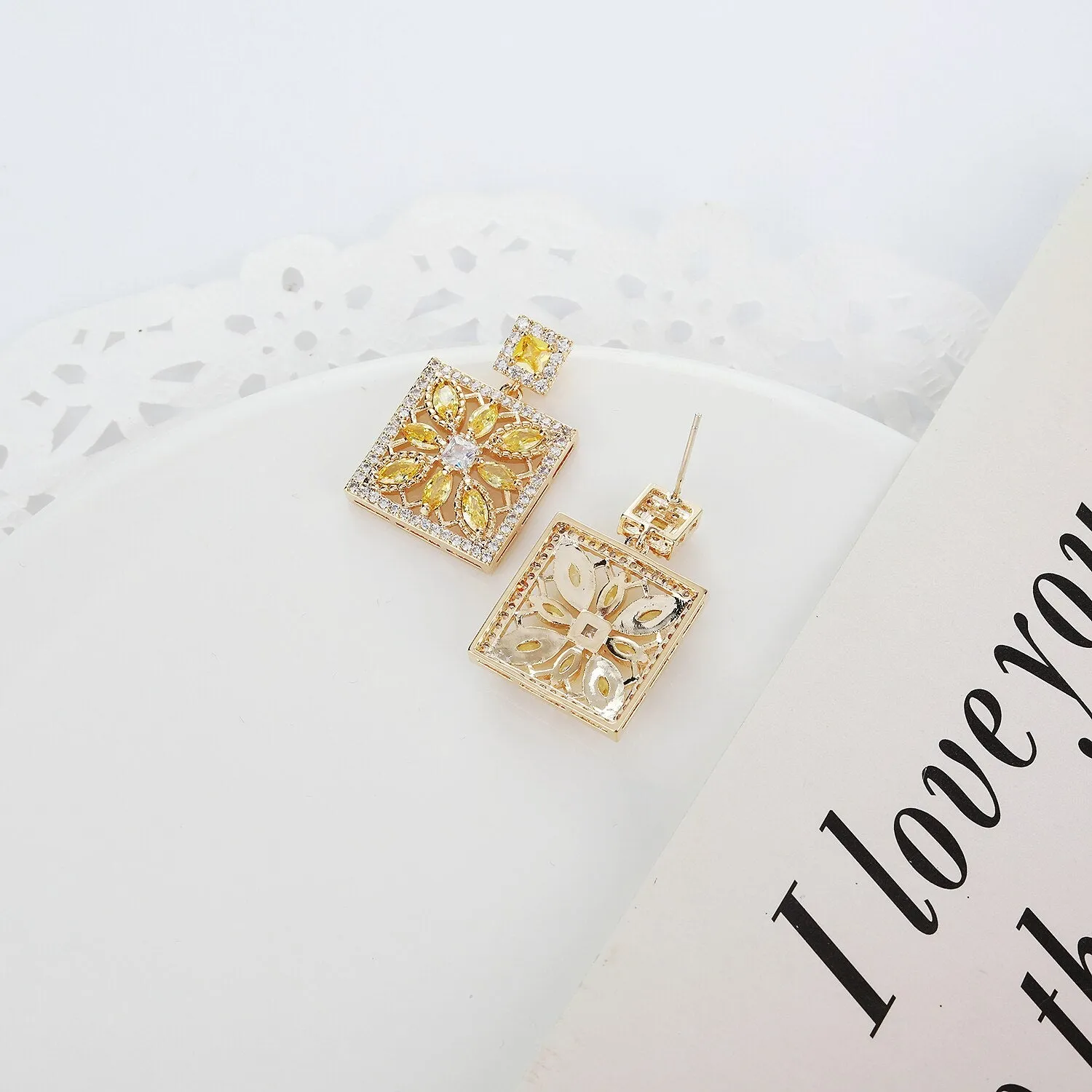 Cubic Zircon CZ Square Earrings for Wedding, Crystals Flower Earring for Bride, Women Girl Birthday Party Jewelry CE11475