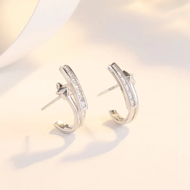 Curved Hook Five-pointed Star with Zircon Bar Silver Studs Earrings for Women