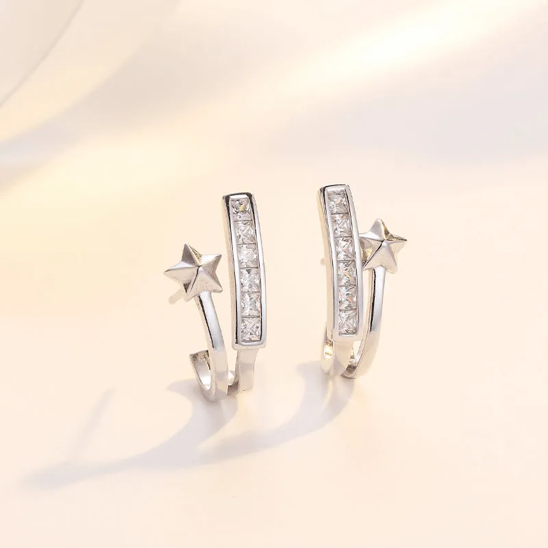 Curved Hook Five-pointed Star with Zircon Bar Silver Studs Earrings for Women