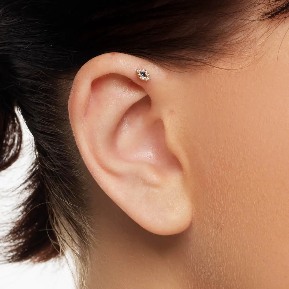 Diamond Evil Eye Helix Single Stud Earring in 10k Gold
