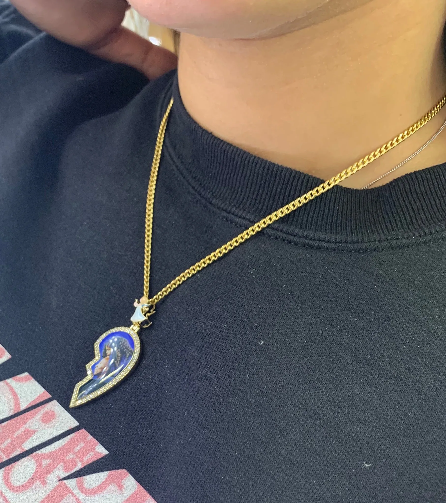 Diamonds and 14k Gold Custom Memory Picture Pendant & Gold Chain Set (broken heart shaped)