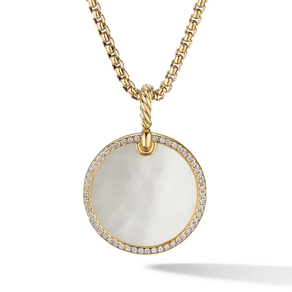 Disc Pendant in 18K Yellow Gold with Mother of Pearl and Pave Diamond Rim