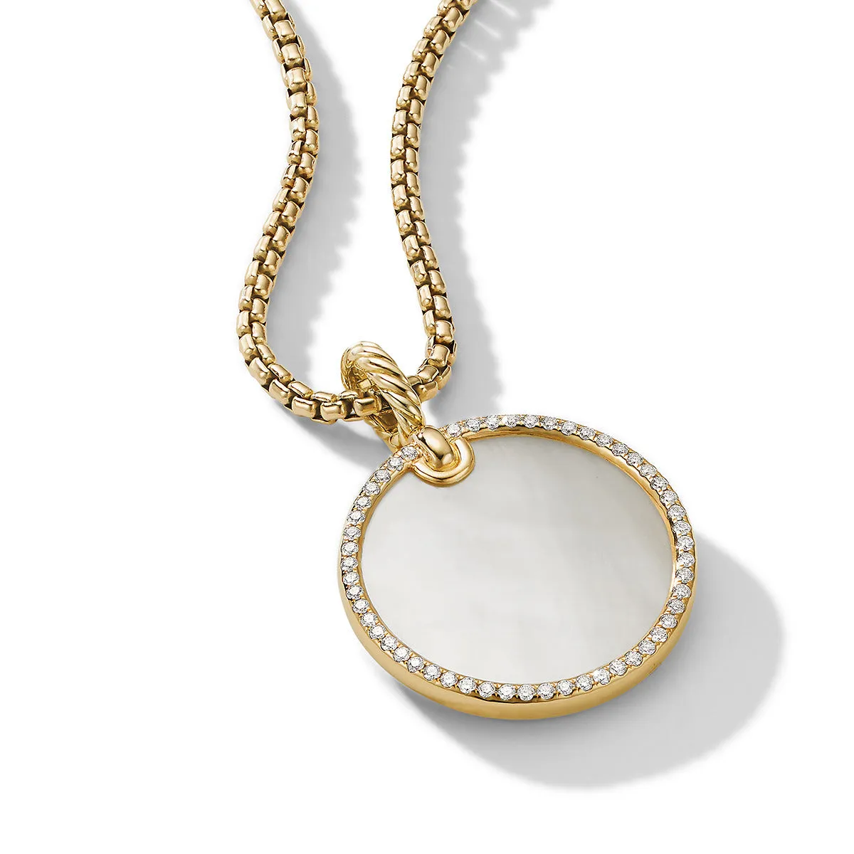 Disc Pendant in 18K Yellow Gold with Mother of Pearl and Pave Diamond Rim