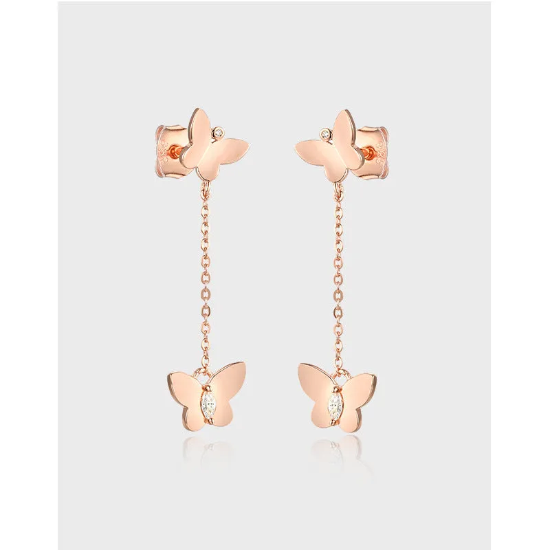 Double Butterfly with Marquise Zircon Tassel Silver Drop Earrings for Women