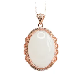 Elegant White Jade Necklace with Silver Pigeon Egg Pendant and Lace Edge