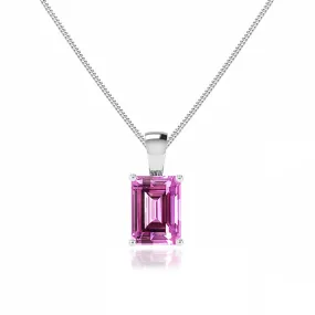 ELIZA - Emerald Cut Pink Sapphire 4 Claw Drop Pendant 18k White Gold