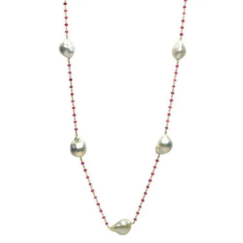 ESTATE AAA PINK SAPPHIRE & PEARL 18K YELLOW GOLD 3D BY THE YARD TIN CUP NECKLACE