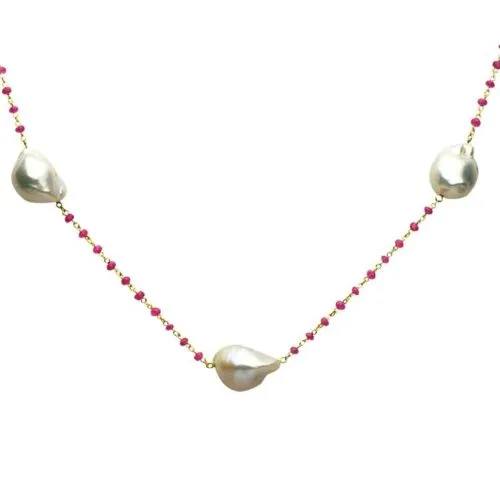 ESTATE AAA PINK SAPPHIRE & PEARL 18K YELLOW GOLD 3D BY THE YARD TIN CUP NECKLACE