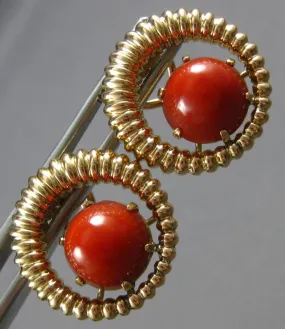 ESTATE LARGE AAA CORAL 18K ROSE GOLD 3D CIRCULAR CLIP ON HANGING EARRINGS #27811