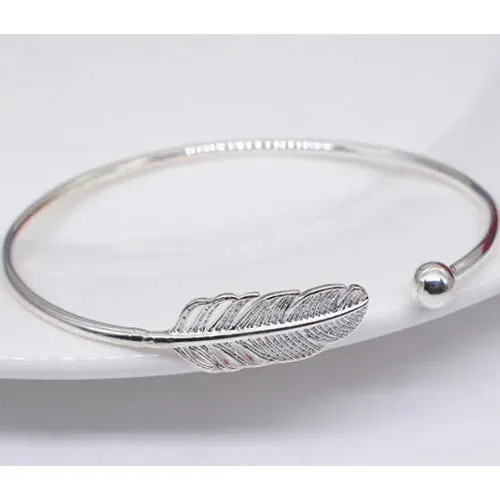 Fashion 925 Sterling Silver  Woman Cuff Bracelet Open Angel Feather Adjustable Lucky Bangle Party Jewelry Christmas Gifts