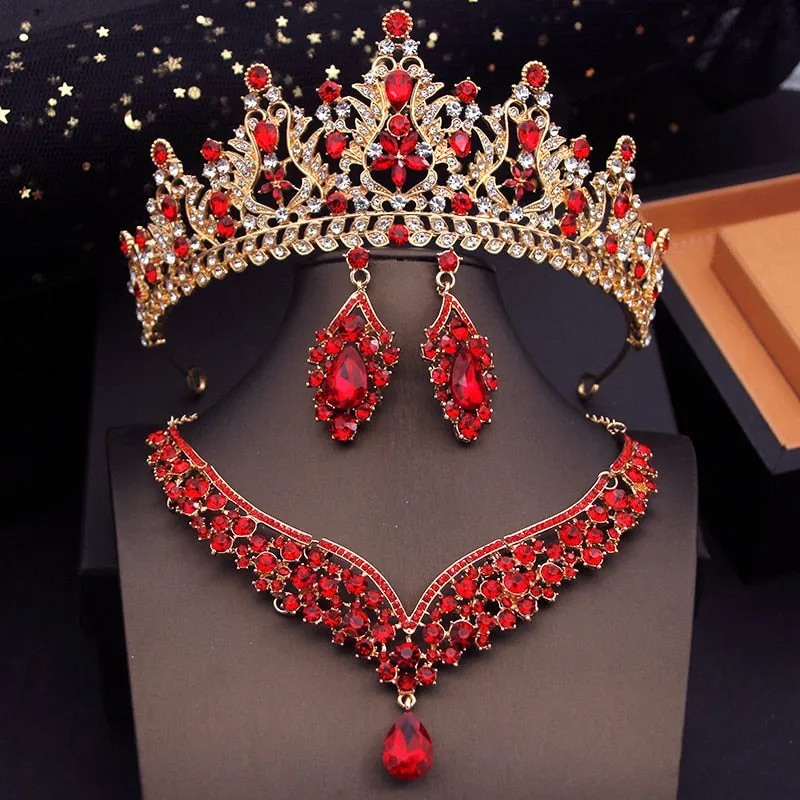 Fashion Colors Bridal Jewelry Sets With Tiaras Princess Wedding Crown Necklace Earrings Set Costume Accessories