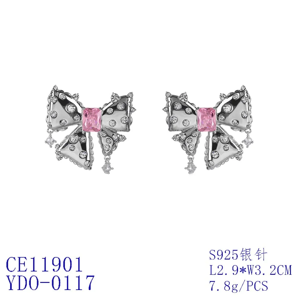 Fashion Cubic Zircon Bow Earrings for Wedding, Crystals Stud Earring for Bride, Women Girl Birthday Party Jewelry CE11901