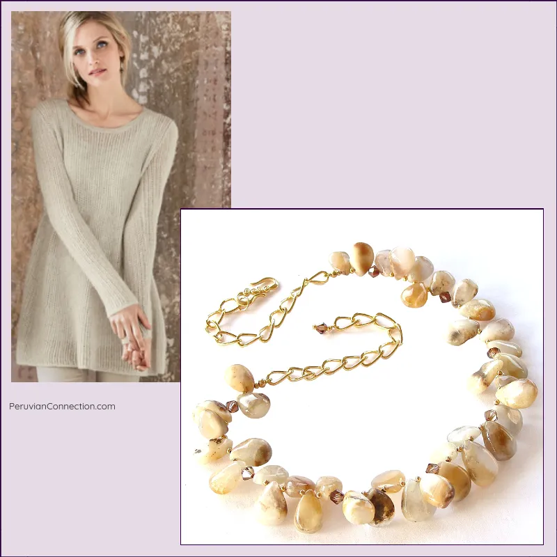 Fia: Gemstone Bib Necklace in Neutral Colors