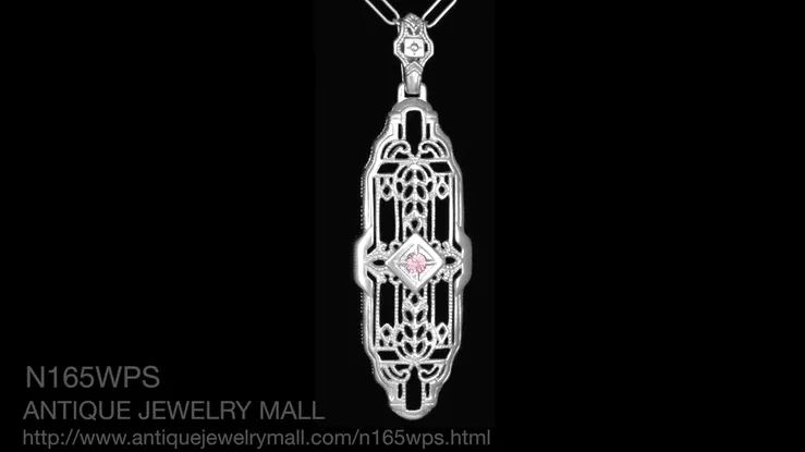 Filigree Art Deco Pink Sapphire Lozenge Shape Necklace in Sterling Silver