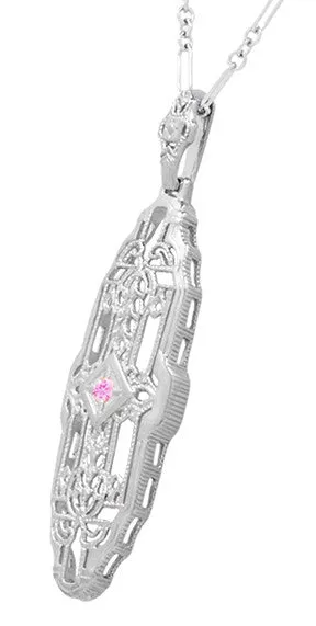 Filigree Art Deco Pink Sapphire Lozenge Shape Necklace in Sterling Silver