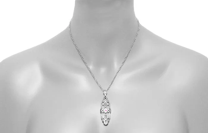 Filigree Art Deco Pink Sapphire Lozenge Shape Necklace in Sterling Silver