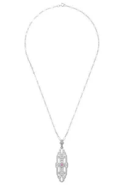 Filigree Art Deco Pink Sapphire Lozenge Shape Necklace in Sterling Silver