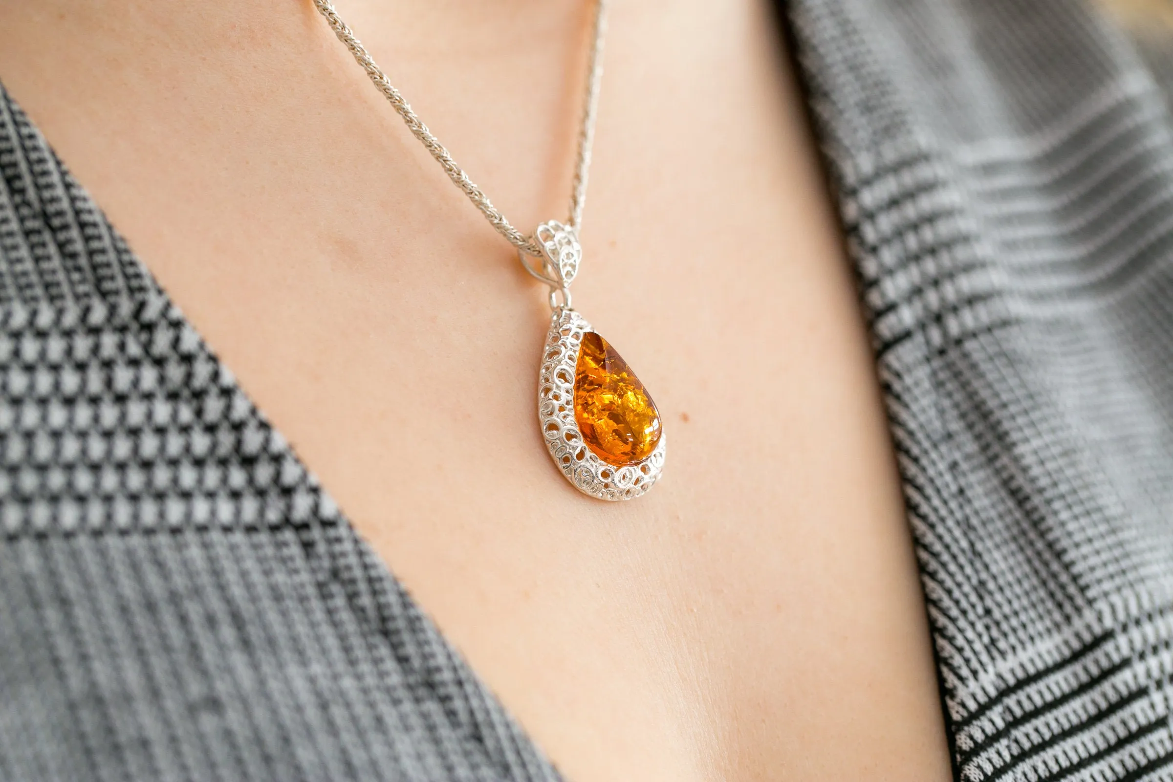 Filigree Frame Amber Teardrop Pendant
