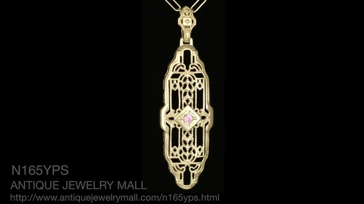 Filigree Lozenge Shape 1920's Art Deco Pink Sapphire Necklace in Sterling Silver with Yellow Gold Vermeil