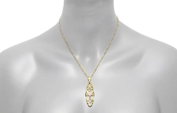Filigree Lozenge Shape 1920's Art Deco Pink Sapphire Necklace in Sterling Silver with Yellow Gold Vermeil