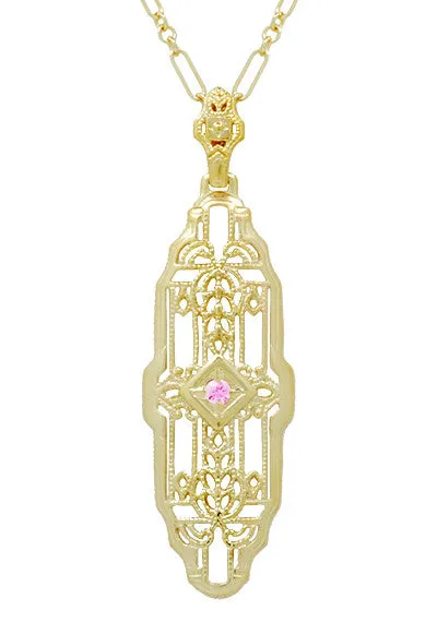 Filigree Lozenge Shape 1920's Art Deco Pink Sapphire Necklace in Sterling Silver with Yellow Gold Vermeil