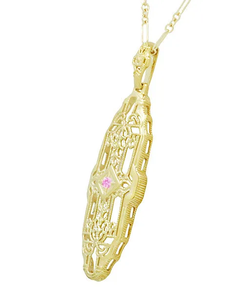 Filigree Lozenge Shape 1920's Art Deco Pink Sapphire Necklace in Sterling Silver with Yellow Gold Vermeil