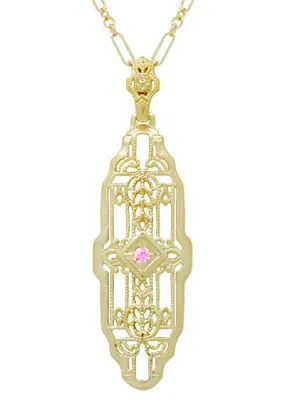 Filigree Lozenge Shape 1920's Art Deco Pink Sapphire Necklace in Sterling Silver with Yellow Gold Vermeil
