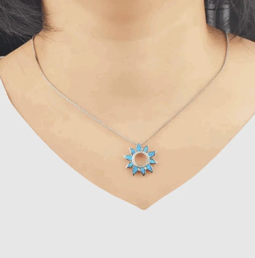 Fire Opal Sunflower Pendant Necklace