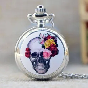 Floral Skull Enamel Mini Pocket Watch Necklace