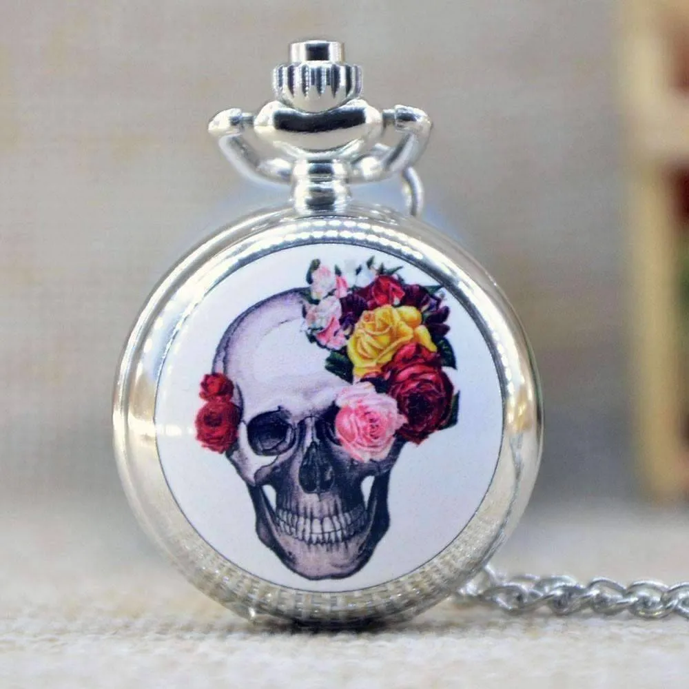 Floral Skull Enamel Mini Pocket Watch Necklace