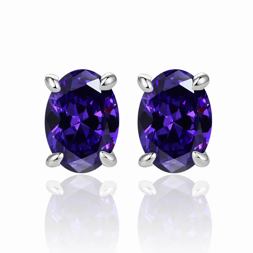 Four Prongs Oval Zircon Silver Studs Earrings for Women
